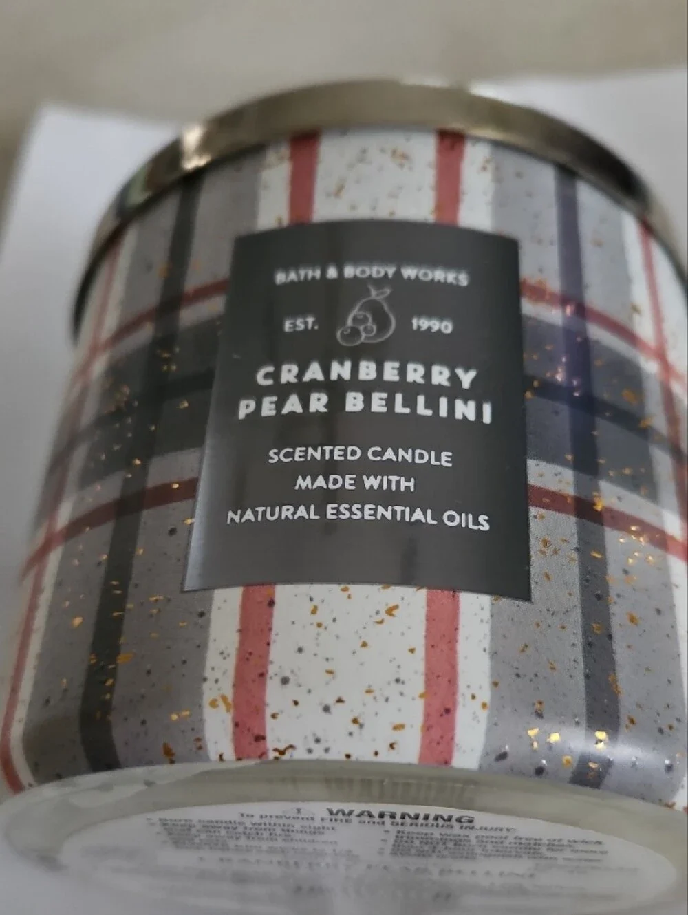Bath & Body Works Cranberry Pear Bellini Candle - Gold, Red & Green Plaid Jar